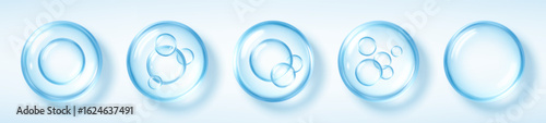 Transparent blue bubbles with oxygen molecules. Collagen serum bubbles. Cosmetic skincare serum concept. Vector illustration