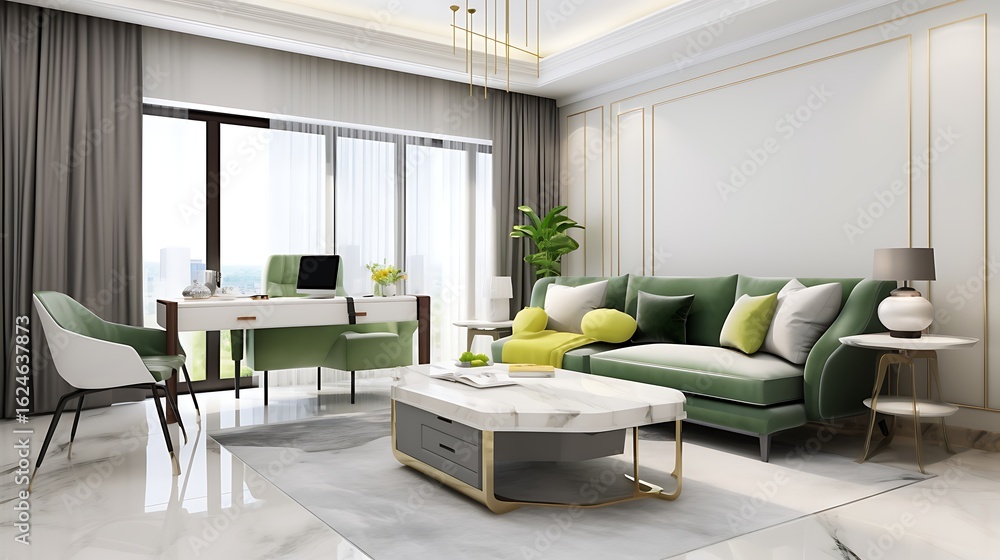 Fototapeta premium Luxury studio apartment interior design with soft green sectional sofa corner office setup with sleek walnut desk, mesh chair, and laptop, 3D Illustrations. 3D Rendering,