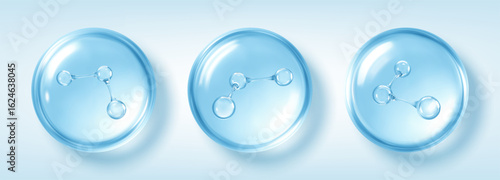 Hyaluronic acid molecule in transparent blue bubbles. Cosmetic serum droplet. Skincare concept. Vector illustration