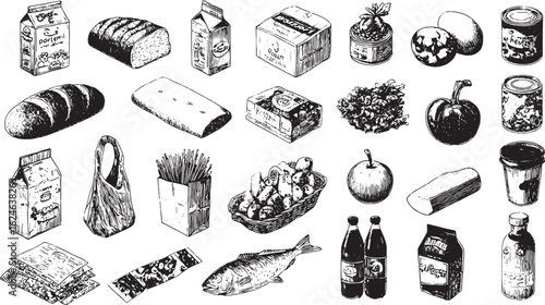 Black and white sketch of diverse grocery items including bread, milk, eggs, fruits, vegetables, fish, and canned goods for kitchen or market use
