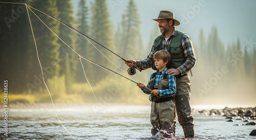 A beautiful and rugged mockup of a father and son in fishing gear, standing in a river and fly-fishing in a misty forest.