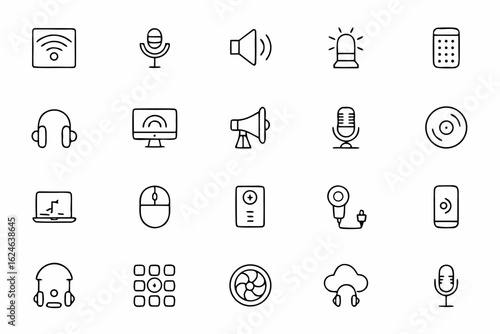 A clean and modern podcast-themed vector set, portraying expressive audio tools and communication elements in elegant single-line strokes. Great for thumbnails and digital artwork