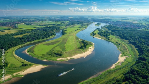 High-angle view of a river meandering through verdant countryside
