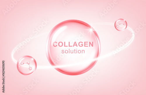 Glossy pink collagen drop with molecular structure and light orbit. Beauty and skincare concept. Vector illustration