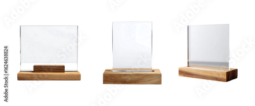 set of Blank acrylic sign holder on wooden base isolated on a transparent background, in a PNG format