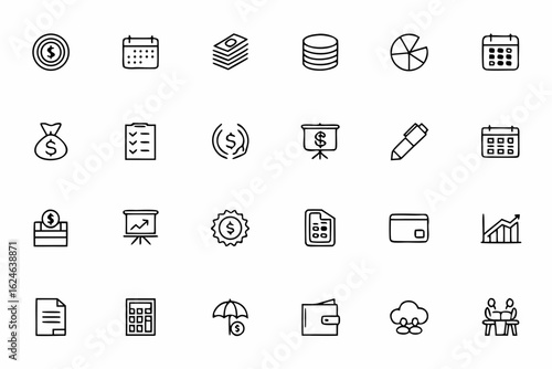 A practical and detailed bundle reflecting modern and traditional bookkeeping tools in minimalist single-line drawing. Suitable for tutorial illustrations and fintech platforms.