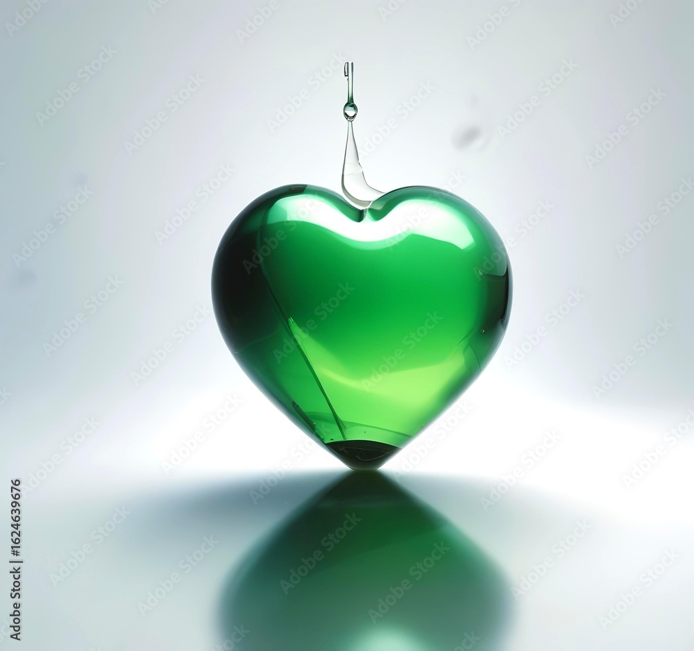 Obraz premium A single drop of green biofuel shaped like a heart, hovering above a reflective surface