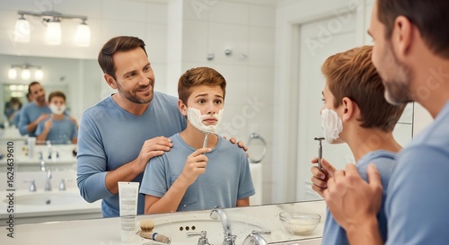 A beautiful photorealistic mockup of a father teaching his teenage son how to shave for the first time in front of a bathroom mirror.