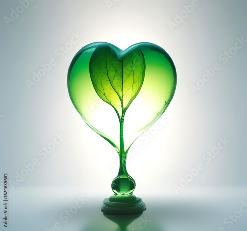 A single drop of green biofuel shaped like a heart, hovering above a reflective surface
