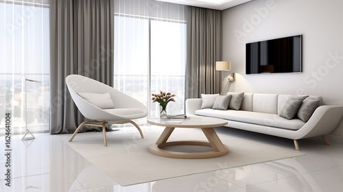 Wallpaper Mural Luxury studio apartment interior design with minimalist white sofa, built-in corner desk with curved white chair and tablet next to a laptop, 3D Illustrations. 3D Rendering, Torontodigital.ca