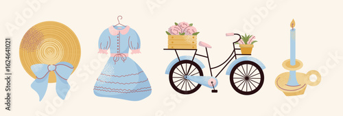 Set vintage garden and home items hat, candle, bicycle with flower crate, blue dress. Vintage lifestyle and gardening concept. Springtime holidays vector