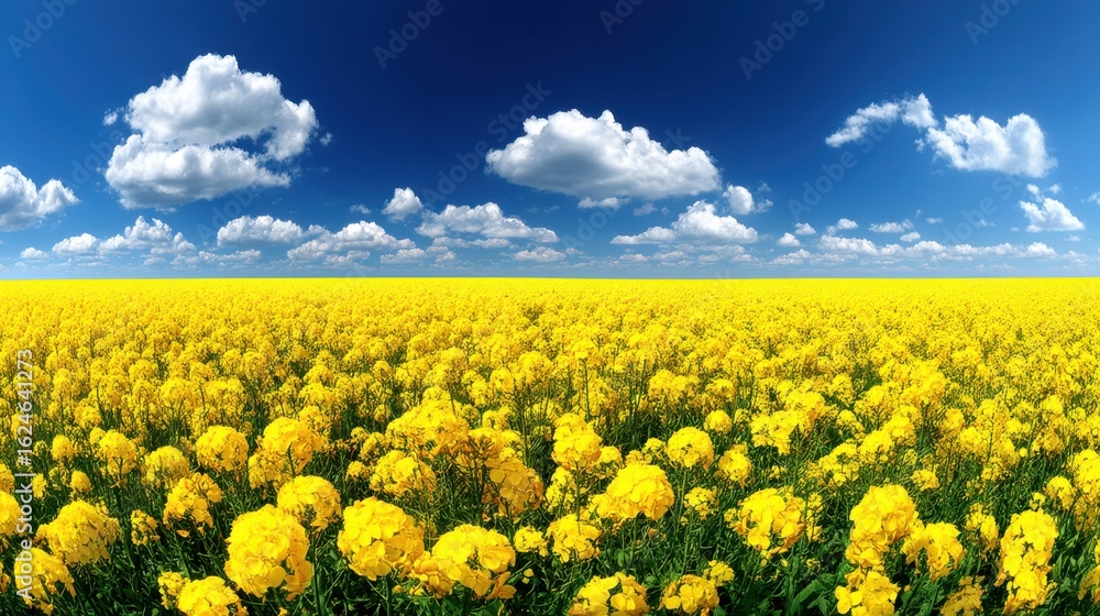 Obraz premium Bright yellow rapeseed flowers blooming under a blue sky with white clouds
