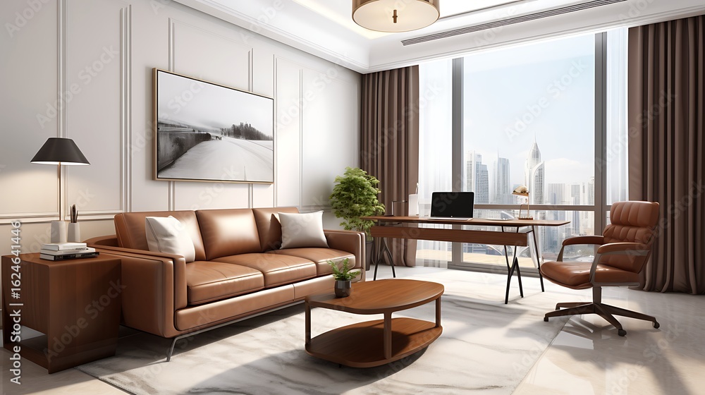 Fototapeta premium Luxury studio apartment interior design with soft brown leather sofa set, dark oak desk in corner with white chair and laptop under pendant light, 3D Illustrations. 3D Rendering,