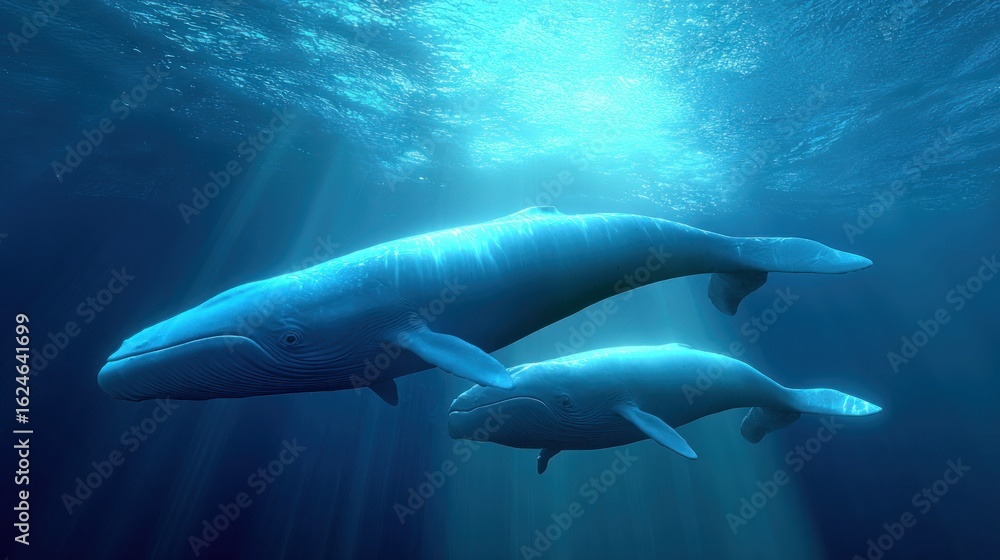 Fototapeta premium Two whales swim underwater, sunbeams highlight them