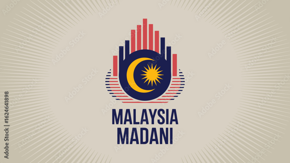 Fototapeta premium Celebrate Malaysia Madani with a striking emblem, radiating national pride and progress, ideal for promotions, events, and cultural projects, dynamic design, vector art