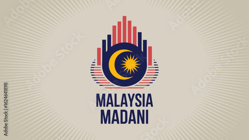 Celebrate Malaysia Madani with a striking emblem, radiating national pride and progress, ideal for promotions, events, and cultural projects, dynamic design, vector art