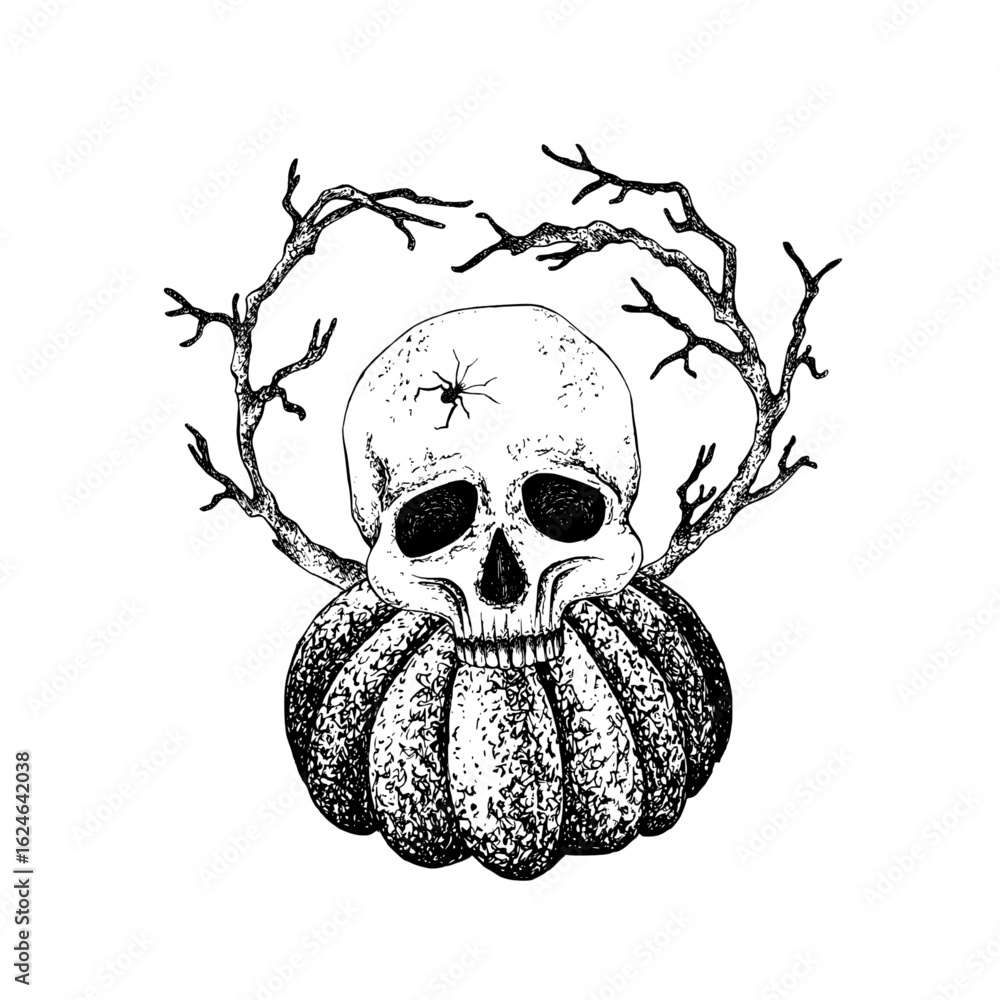 Fototapeta premium Human skull, spider, branches on pumpkin graphic style. Vector illustration with white background. Hand drawn ink Halloween composition, Day of the Dead postcards, stickers, holiday decoration