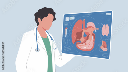 Smiling doctor presenting innovative internal organ scan on modern tablet screen, offering advanced diagnostic insights and personalized patient care solutions