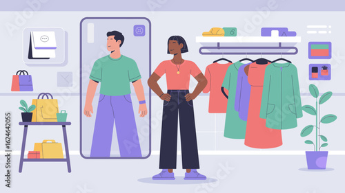 Virtual fitting room empowering women's fashion choices with augmented reality technology, enhancing online shopping experience with digital wardrobe options, style discovery