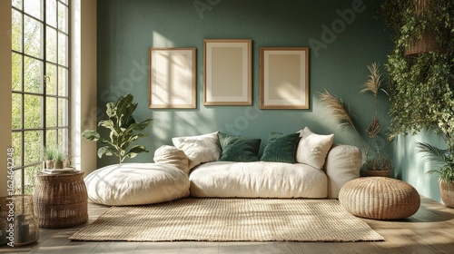 Elegant mockup of a cozy living room with a modern couch, greenery, and stylish decor elements