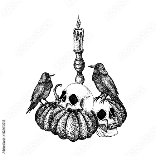 Halloween composition with pumpkins, skulls, black crows and candelabrum burning candle. Graphic illustration with white background. Vector for stickers, postcards, autumn holiday decoration