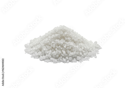isolated ultra photorealistic UHD photograph of white, granulated crystals resembling coarse salt or sugar, piled on a clean white background with ample copy space, bright shadowless studio light,