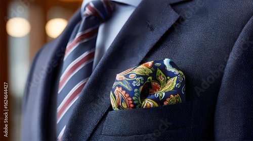 Detailed Close-Up of Stylish Business Suit with Colorful Pocket Square and Classic Tie