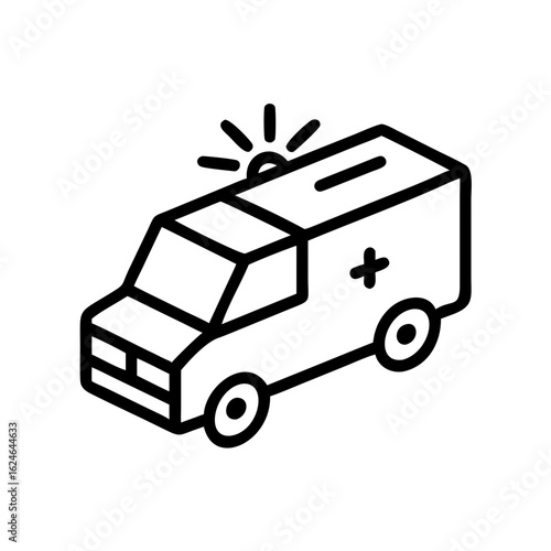 Isometric line drawing of an ambulance with a flashing light and a medical cross symbol.