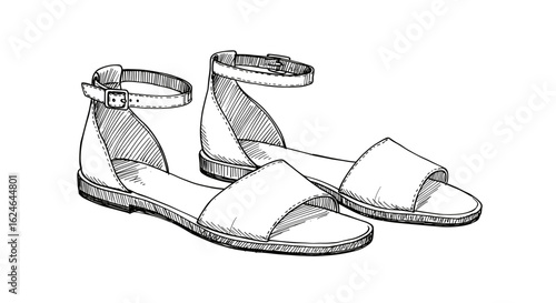 Hand-drawn doodle sketch of stylish summer sandals on transparent background  