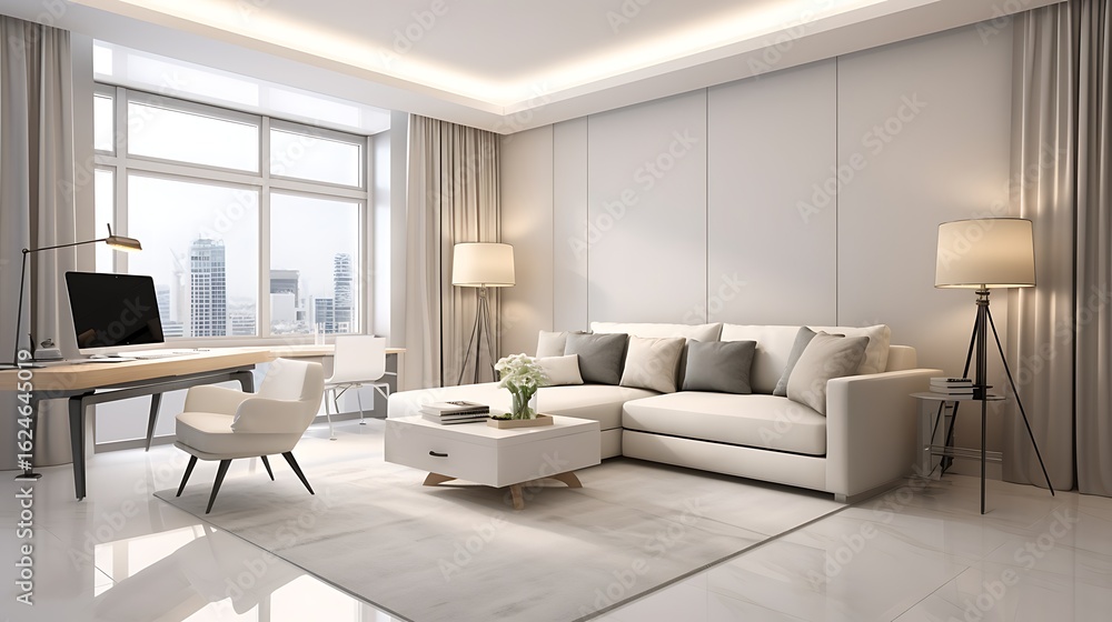 Fototapeta premium Luxury studio apartment interior design with plush ivory sectional sofa, minimalist wooden desk in corner with sleek chair and open silver laptop, 3D Illustrations. 3D Rendering,