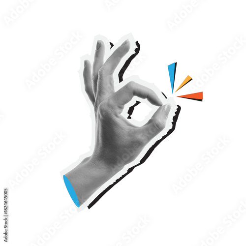 Creative Hand Gesture Representing Approval or Success. A grayscale hand making an 