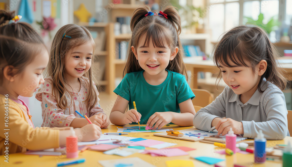 Fototapeta premium Four young girls sitting at a table drawing and crafting in a classroom