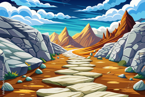 Surreal landscape with road and vibrant white rocks and fluffy clouds, creating a dreamlike environment
