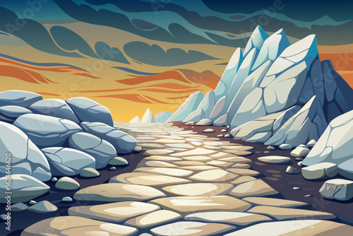 Surreal landscape with road and vibrant white rocks and fluffy clouds, creating a dreamlike environment