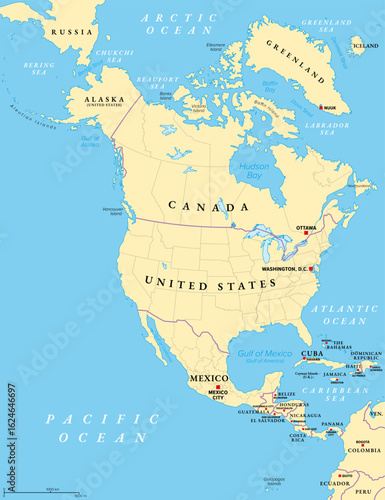 North America, political map with borders of states, provinces and territories of Canada, USA and Mexico. Continent bordered by South America, the Caribbean Sea, Arctic, Atlantic and Pacific Ocean.