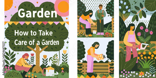 Illustration of people gardening and caring for plants with text about garden care
