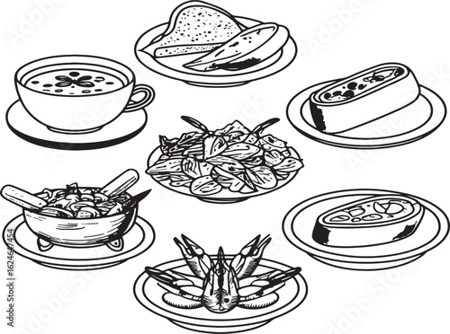 Assorted Breakfast Dishes With Various Foods And Beverages