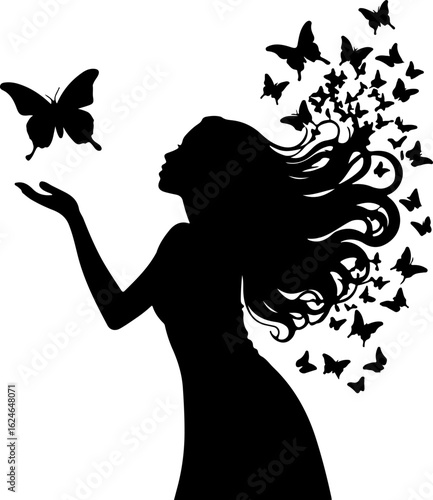 Fantasy silhouette of a woman releasing butterflies from her hair, with one large butterfly gracefully landing on her hand, symbolizing transformation and freedom. 