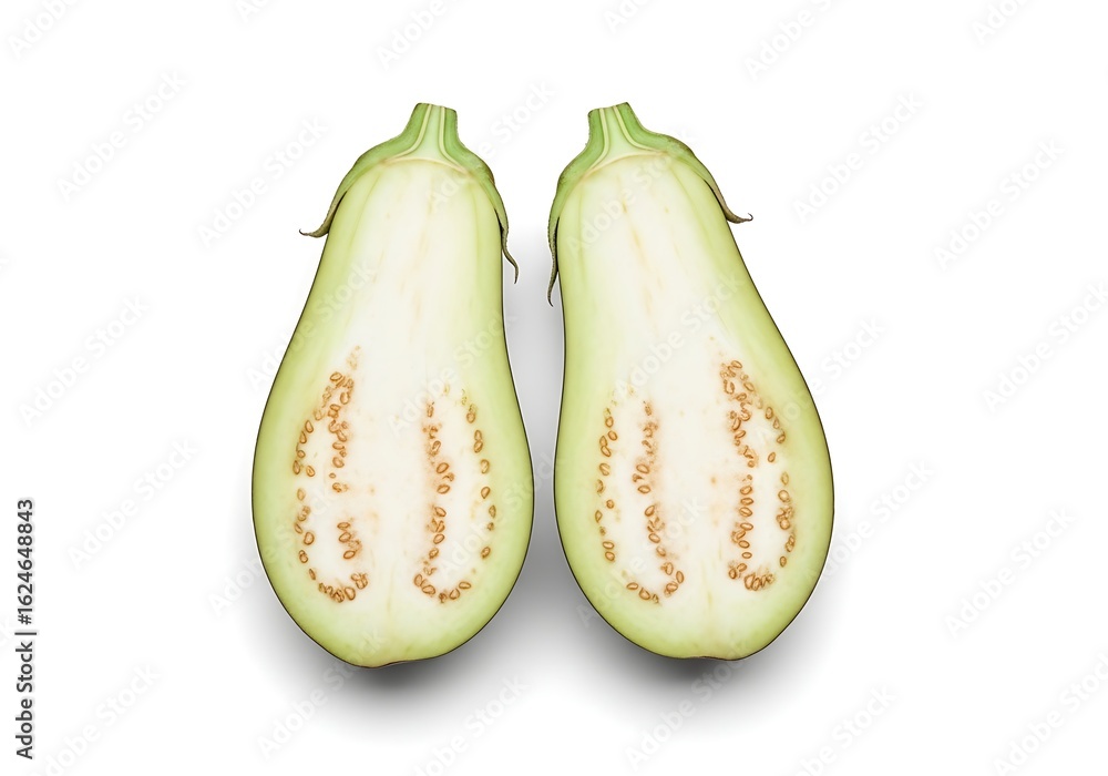 Fresh Green Eggplant Halves with Light Interior on White Background Fresh Green Eggplant Halves with Light Interior on White Background