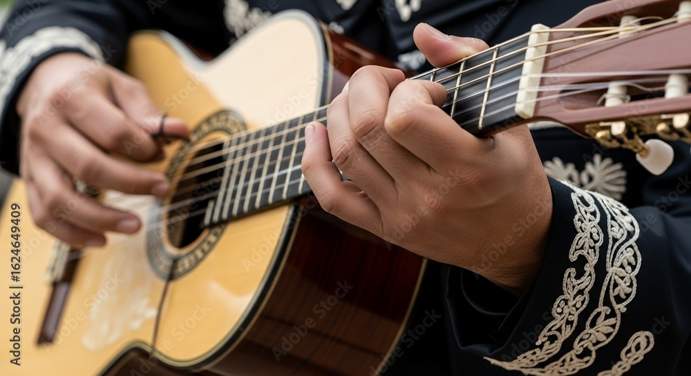 Fototapeta premium Close-up of mariachi hands playing classical guitar with pick, concept for music performance, cultural events and traditional celebrations of Mexico.