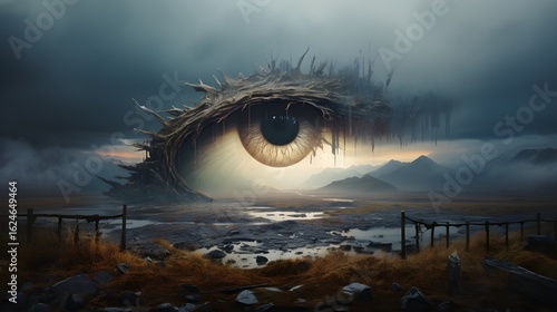 A surreal landscape featuring a giant eye gazing across a desolate field.