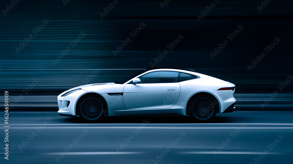 Obraz premium A sleek sports car in motion, showcasing speed and dynamic lighting on a simple road.