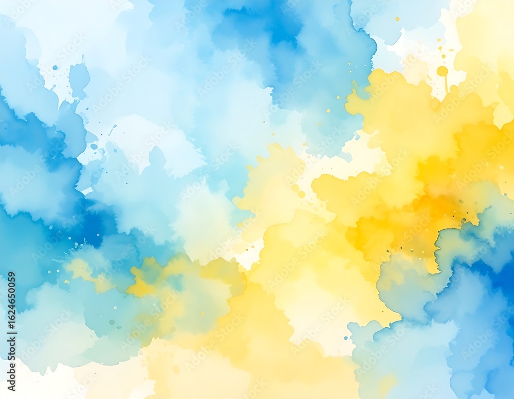 Obraz premium Abstract watercolor wash in blue and yellow tones, creating a blend of soft clouds