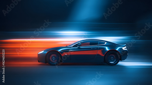 A sleek sports car in motion, showcasing speed and dynamic lighting on a simple road.