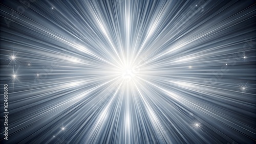 Bright silver starburst explosion with radiating light beams and sparkling particles, symbolizing energy, power, and speed in an abstract dynamic background