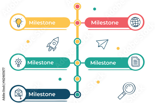 Colorful infographic timeline template with five milestones, editable icons, and text space on clean white vector background