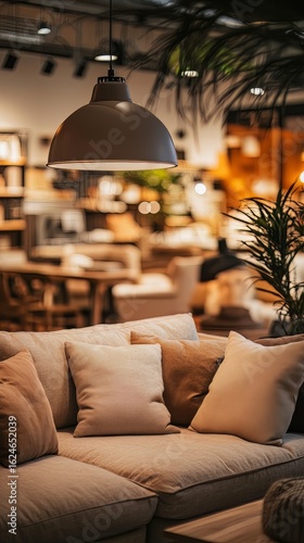 A furniture store decorated with soft textiles and cozy lighting, warm and inviting atmosphere, clean and professional composition, copy space, natural color, minimalism, stock photography