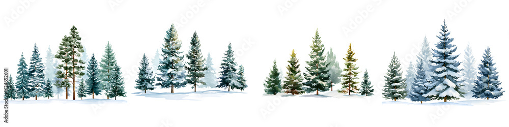 Obraz premium Watercolor Winter Forest Trees on White Background