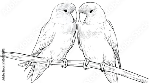 Lovebirds Sitting Together Coloring Page Vector Illustration