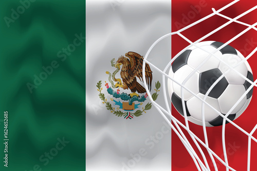 Mexico 3D waving flag with football and net. Editable vector perfect for World Cup themes, patriotic sports graphics, fan banners, digital ads, and social media promotions.